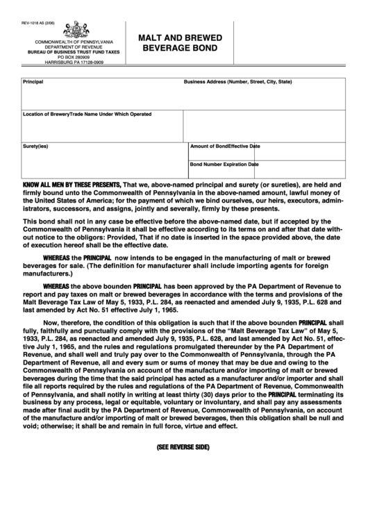 Form Rev-1018 As - Malt And Brewed Beverage Bond (Rev-1018) Printable pdf