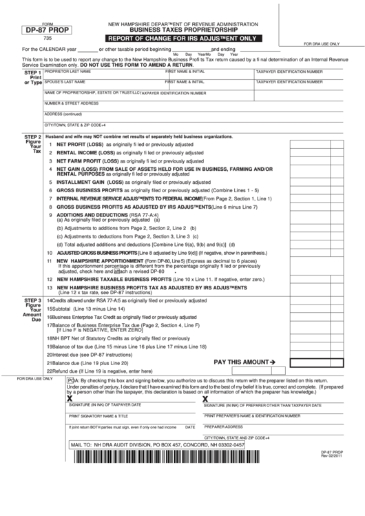 Fillable Form Dp-87 Prop - Report Of Change For Irs Adjustment Printable pdf