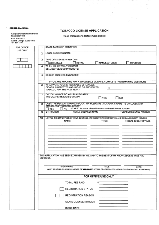 Fillable Form Crf-008 - Tobacco License Application Printable pdf