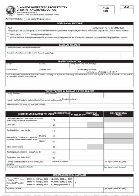 Fillable Form Hc10 - Claim For Homestead Property Tax Credit/standard Deduction July 2007 Printable pdf
