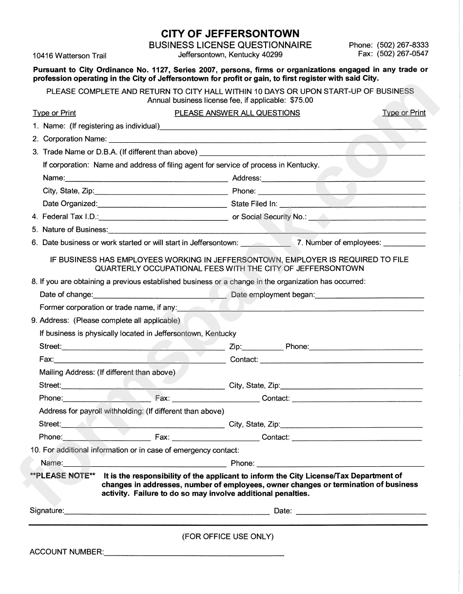 Business License Questionnaire Form