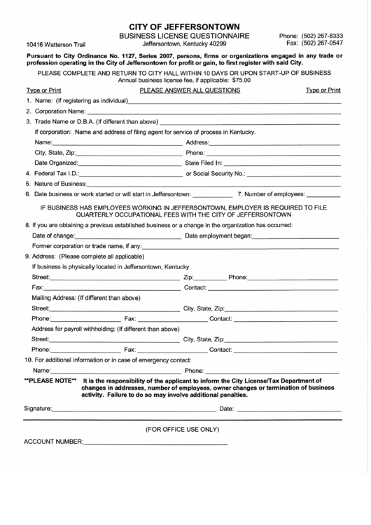 Business License Questionnaire Form Printable pdf