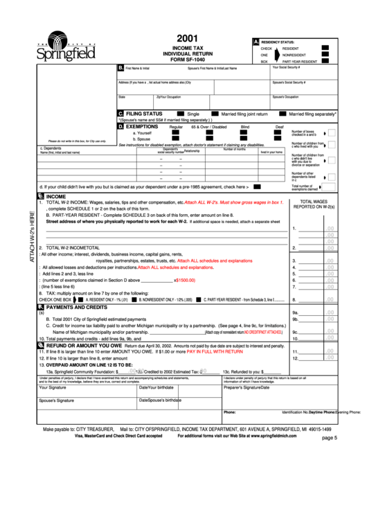 Form Sf-1040 - Income Tax Individual Return - 2001 Printable pdf