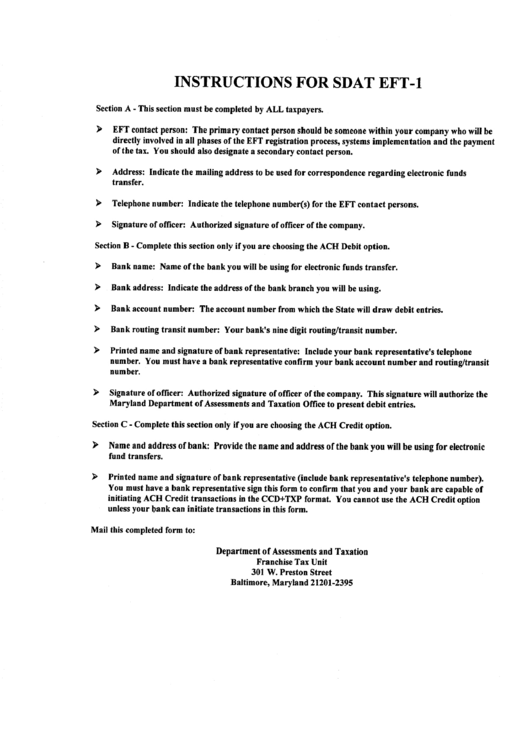 Instructions For Sdat Eft-1 Form Printable pdf