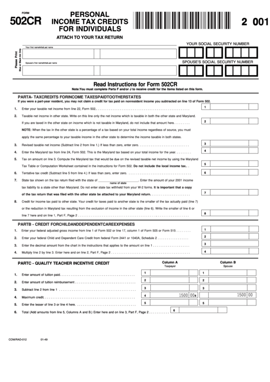 Fillable Form 502cr - Personal Income Tax Credits For Individuals - 2001 Printable pdf
