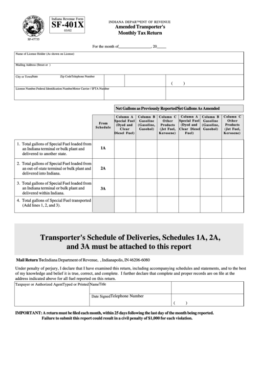 Indiana Revenue Form Sf-401x - Amended Transporter