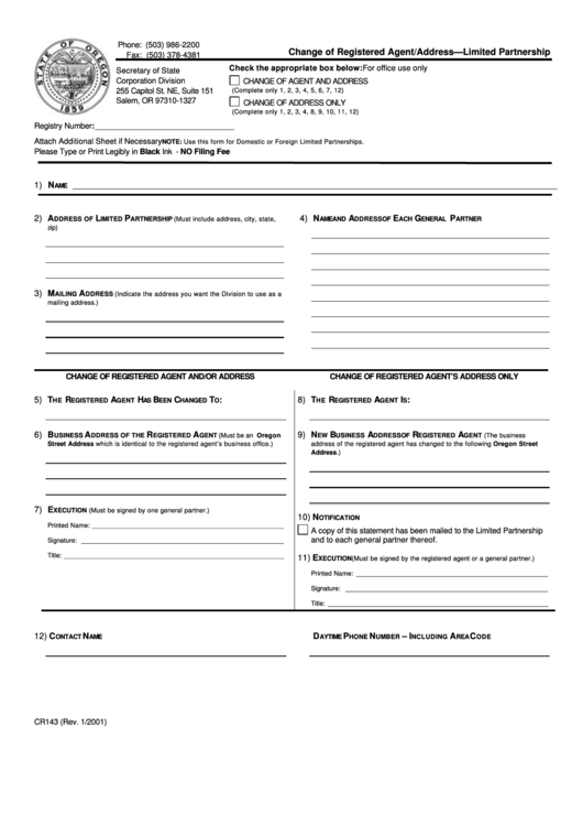 Fillable Form Cr143 - Change Of Registered Agent Address - Limited Partnership Printable pdf