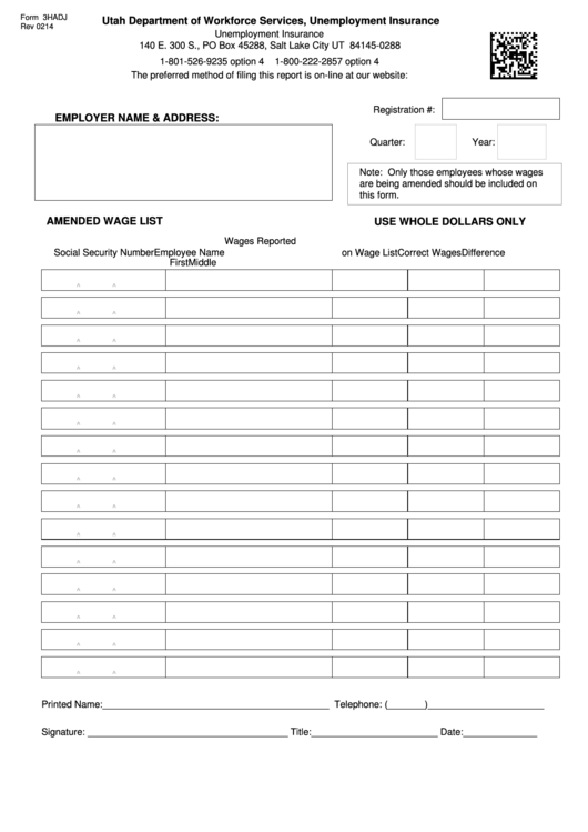 Form 3hadj - Utah Department Of Workforce Services, Unemployment Insurance Printable pdf