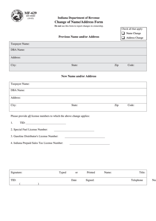 Form Mf-629 - Change Of Name/address Form October 2003 Printable pdf