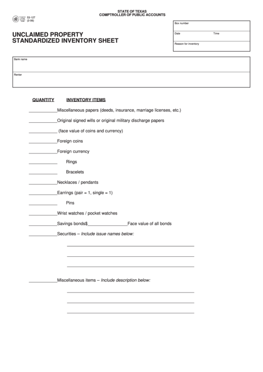 Fillable Form 53-127 - Unclaimed Property Standardized Inventory Sheet Printable pdf