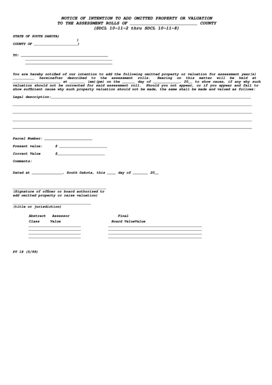 Form Pt 18 - Notice Of Intention To Add Omitted Property Or Valuation To The Assessment Rolls - South Dakota Printable pdf