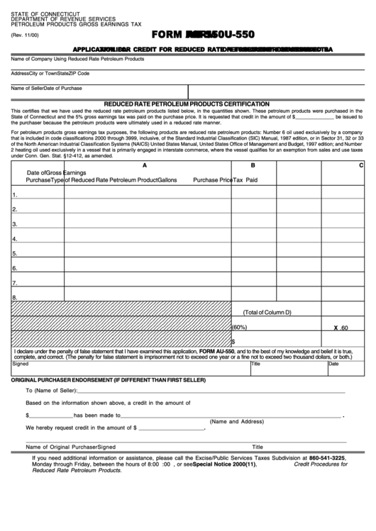 Form Au-550 - Application For Credit For Reduced Rate Petroleum Products Printable pdf