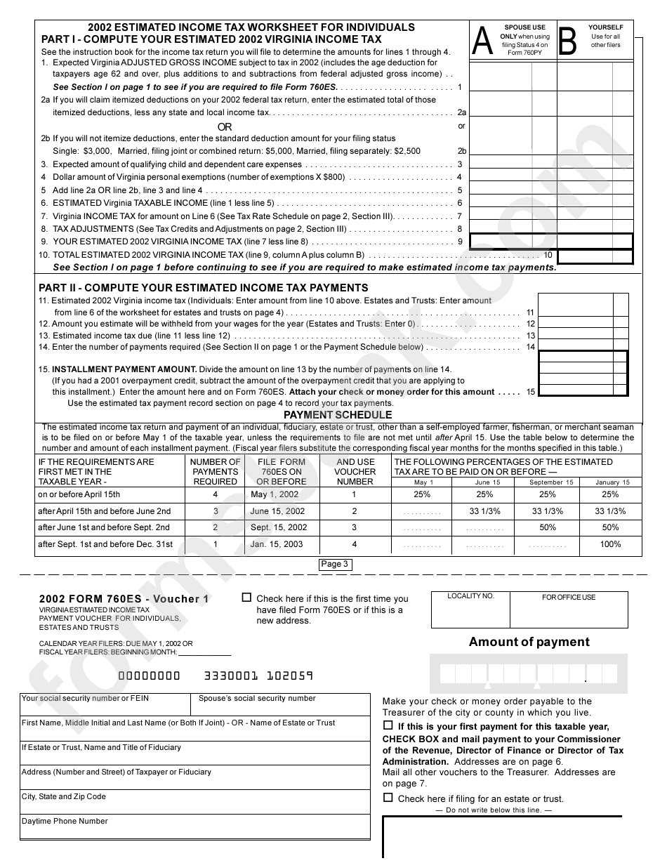 Form 760es - Estimated Income Tax Worksheet For Individuals - 2002