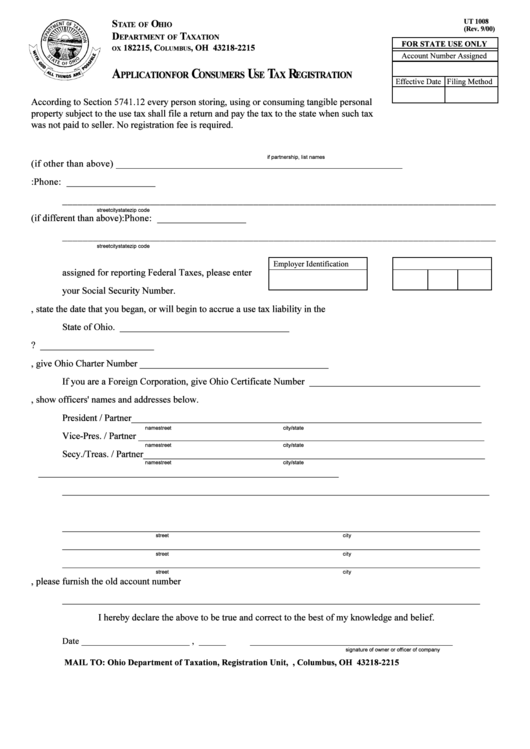 Form Ut1008 - Application For Consumers Use Tax Registration Printable pdf