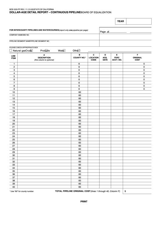 Fillable Form Boe-533-Pp - Dollar-Age Detail Report - Continuous Pipeline Printable pdf
