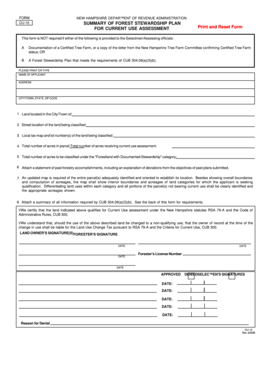 Fillable Form Cu-12 - Summary Of Forest Stewardship Plan For Current Use Assessment Printable pdf
