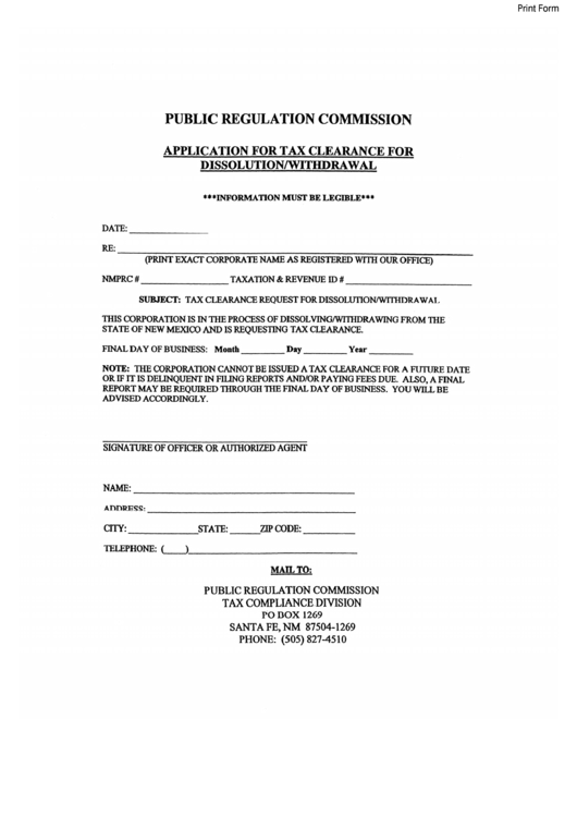 Fillable Application Form For Tax Clearance For Dissolution/withdrawal Printable pdf