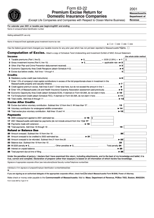 Form 63-22 - Premium Excise Return For Domestic Insurance Companies - 2001 Printable pdf