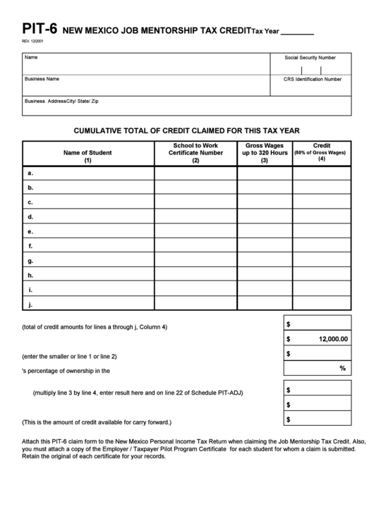 Form Pit-6 - New Mexico Job Mentorship Tax Credit - 2001 Printable pdf