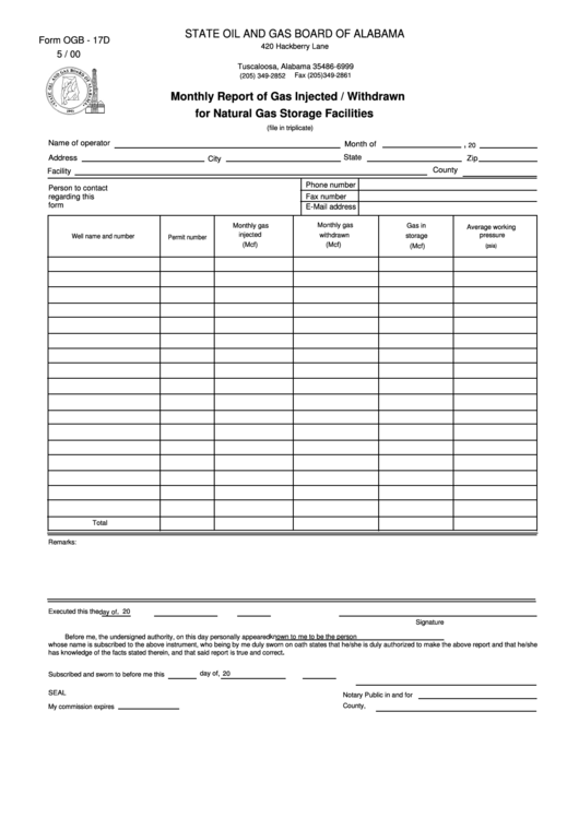 Form Ogb - 17d - Monthly Report Of Gas Injected Withdrawn For Natural Gas Storage Facilities Printable pdf