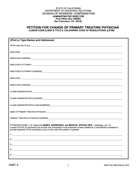Form 280 - Petition For Change Of Primary Treating Physician Printable pdf