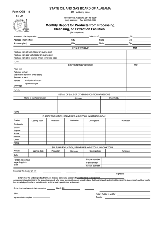 Form Ogb - 18 - Monthly Report For Products From Processing, Cleansing, Or Extraction Facilities Printable pdf