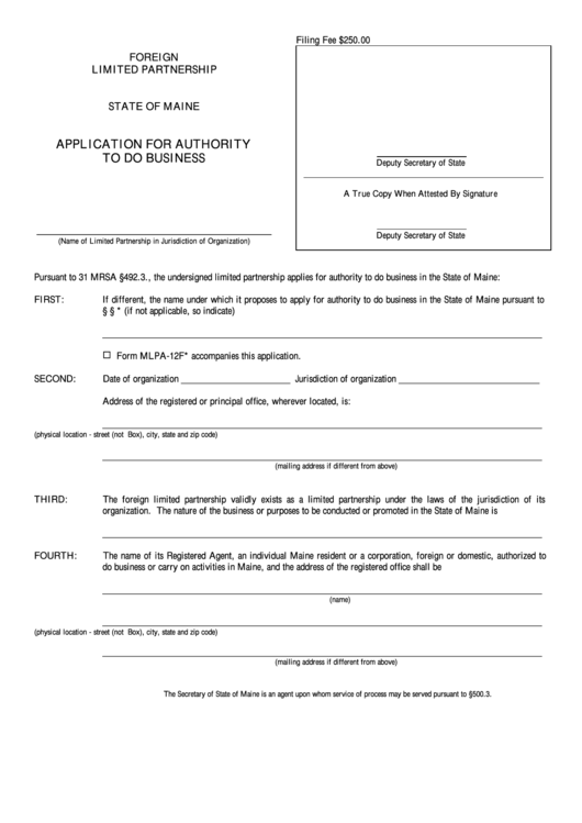 Form Mlpa-12 - Application For Authority To Do Business - Secretary Of State Of Maine Printable pdf