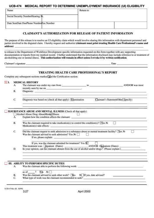 Form Ucb-474 - Medical Report To Determine Unemployment Insurance (Ui) Eligibility Printable pdf