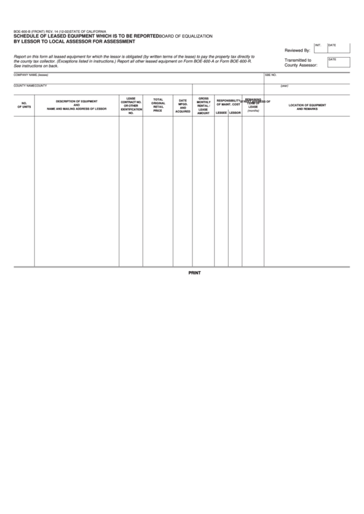 Fillable Form Boe-600-B - Schedule Of Leased Equipment Which Is To Be Reported By Lessor To Local Assessor For Assessment Printable pdf