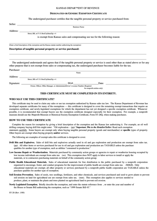 Form St-28 - Designated Or Generic Exemption Certificate - Kansas Department Of Revenue Printable pdf