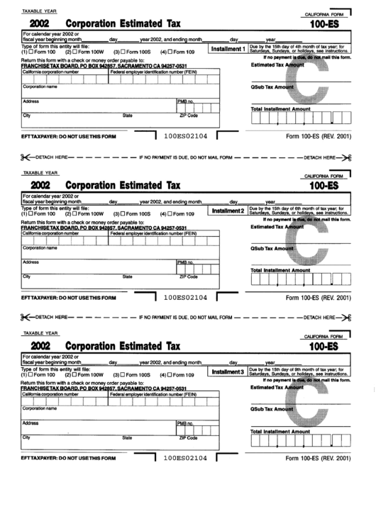 Form 100-Es - Corporation Estimated Tax Printable pdf