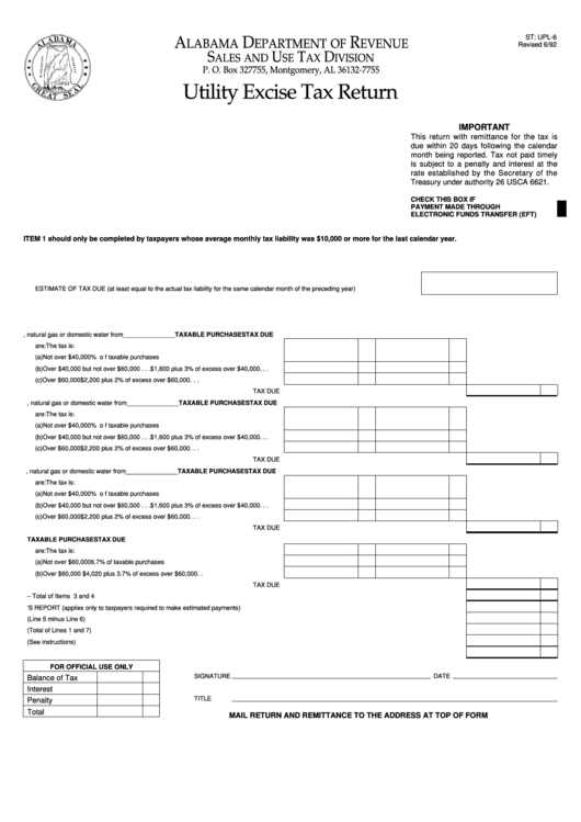 Form Upl-6 - Utility Excise Tax Return Printable pdf