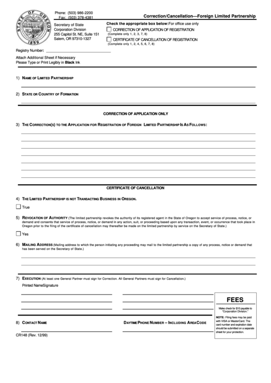 Fillable Form Cr148 - Correction/cancellation-Foreign Limited Partnership - Secretary Of State Of Oregon Printable pdf