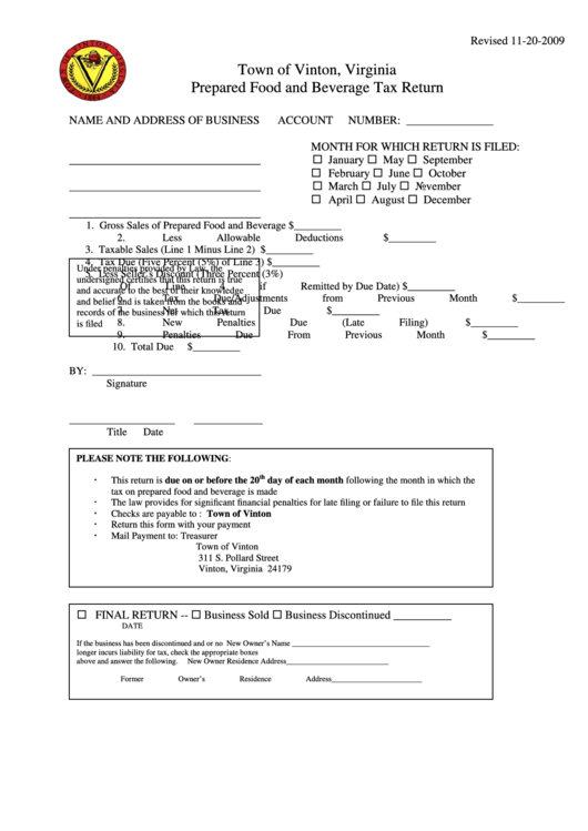 Prepared Food And Beverage Tax Return Form - Town Of Vinton, Virginia Printable pdf