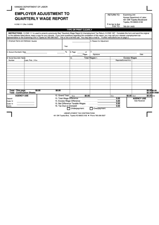 Form K-Cns 111 - Employer Adjustment To Quarterly Wage Report Printable pdf