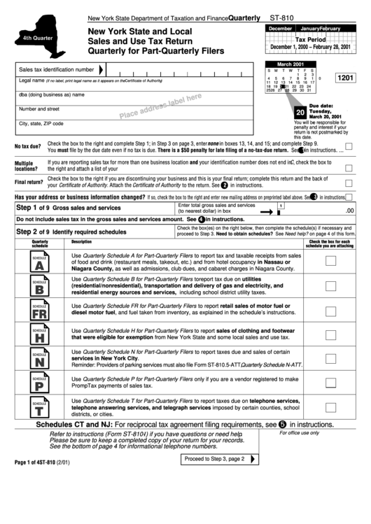 Form St-810 - New York State And Local Sales And Use Tax Return Quarterly For Part-Quarterly Filers - 2001 Printable pdf