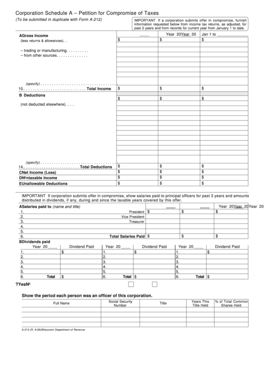 Form A-213 - Corporation Schedule A - Petition For Compromise Of Taxes Printable pdf
