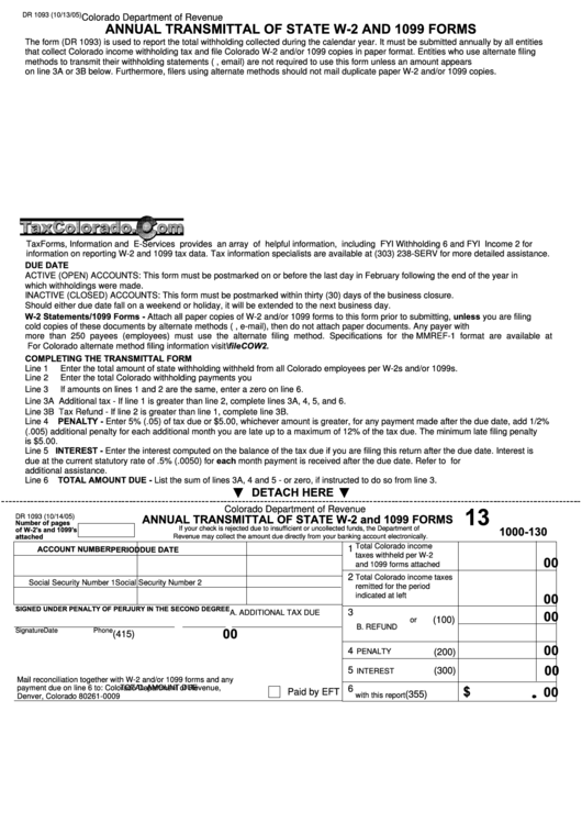 Form Dr 1093 - Annual Transmittal Of State W-2 And 1099 Forms Printable pdf