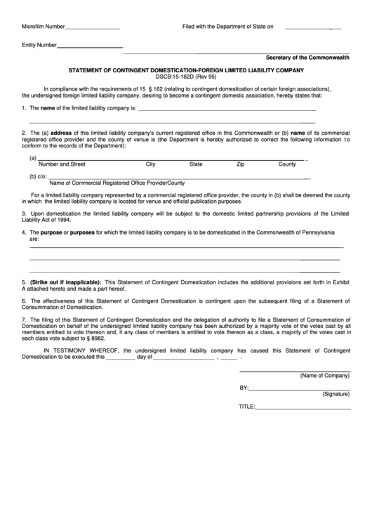 Statement Form Of Contingent Domestication-Foreign Limited Liability Company - 1995 Printable pdf