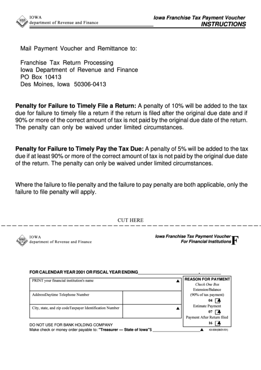 Form F - Iowa Franchise Tax Payment Voucher For Financial Institutions - 2001 Printable pdf