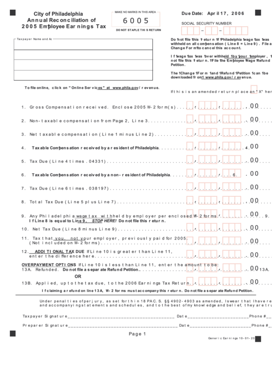 Annual Reconciliation Of Employee Earnings Tax Form Printable pdf