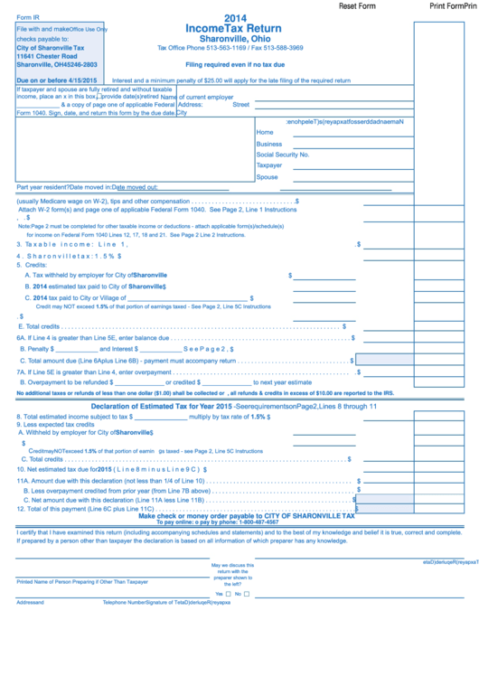 Fillable Form Ir - Income Tax Return - 2014 Printable pdf