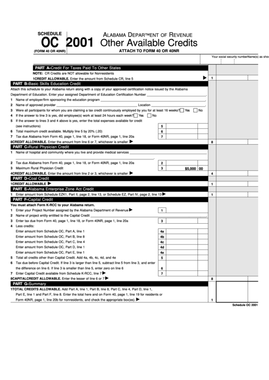 Schedule Oc (Form 40 Or 40nr) - Other Available Credits - Alabama Department Of Revenue - 2001 Printable pdf