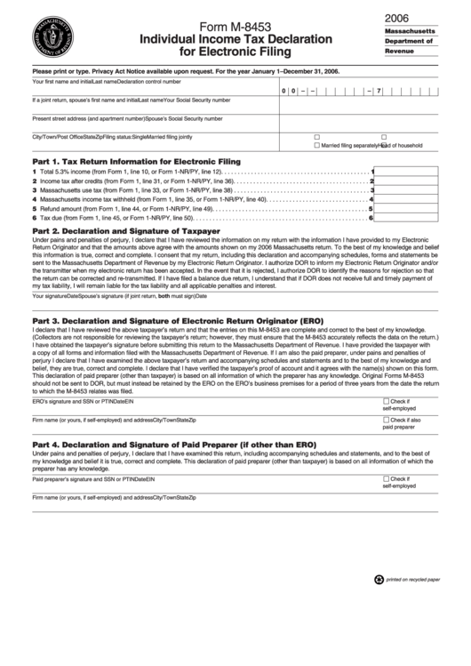 Form M-8453 - Individual Income Tax Declaration For Electronic Filing Printable pdf