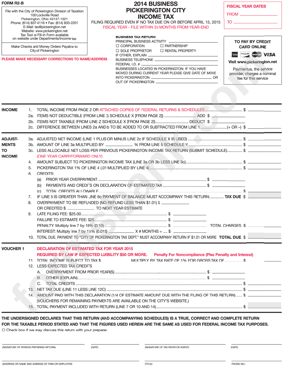 Form R2-B - Bussines Pickerington City Income Tax