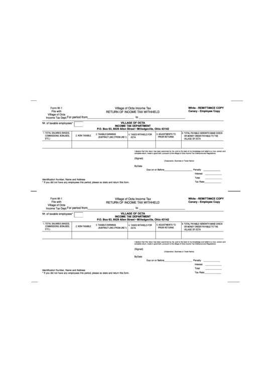 Form W-1 - Return Of Income Tax Withheld - Village Of Octa Income Tax, Ohio Printable pdf