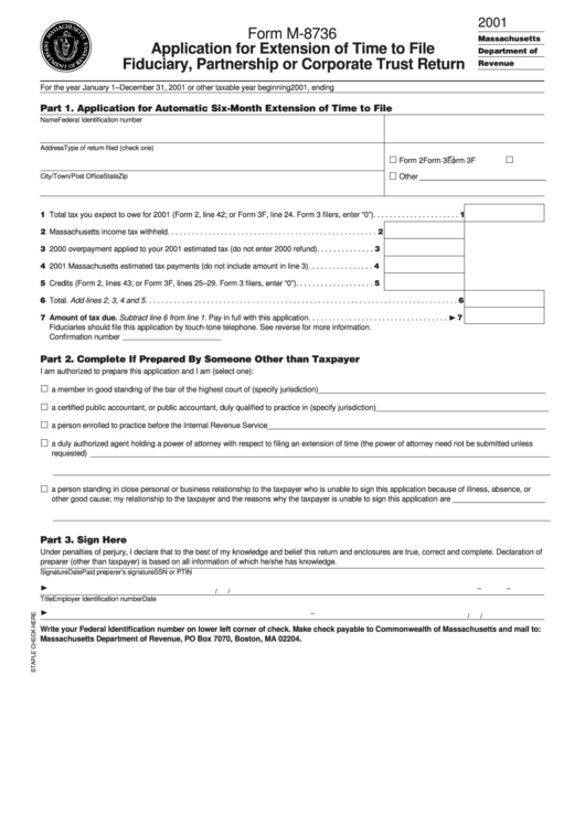 Form M-8736 - Application For Extension Of Time To File Fiduciary, Partnership Or Corporate Trust Return - 2001 Printable pdf