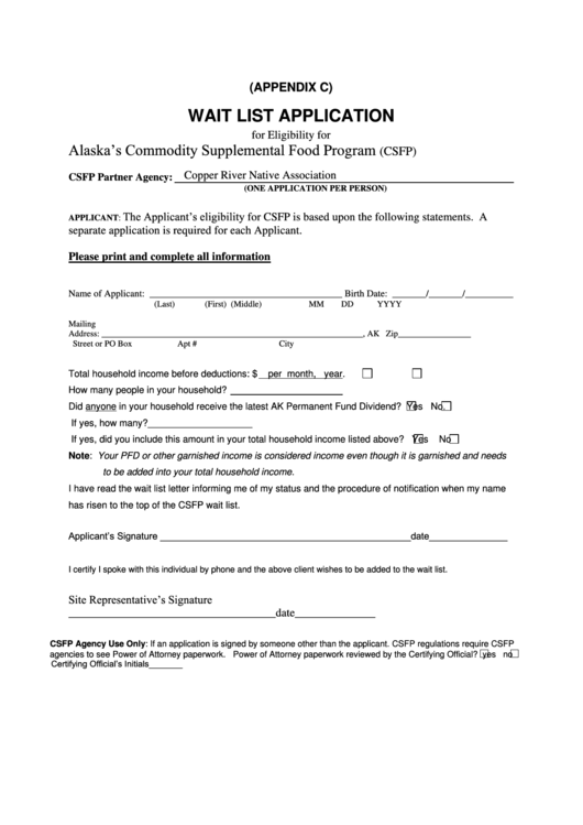 Wait List Application Form For Eligibility For Alaska