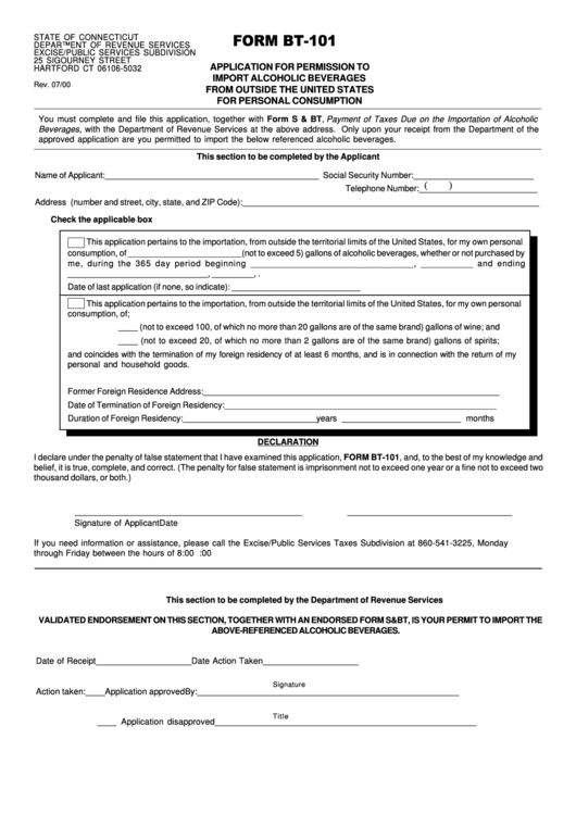 Form Bt-101 - Application For Permission To Import Alcoholic Beverages From Outside The United States For Personal Consumption Printable pdf