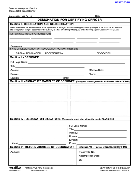 Fillable Form Fms 210co - Designation For Certifying Officer - Kansas City Financial Center Printable pdf